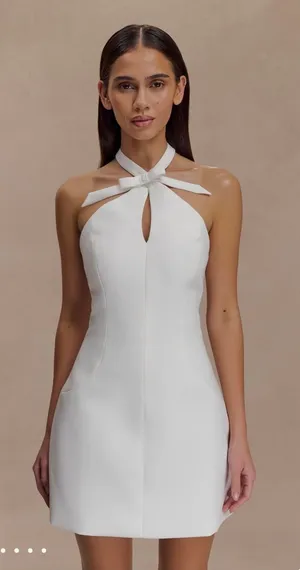 MESHKI Freya Halter Bow Mini Dress Ivory White Bridal Cocktail DR10231WD1 S thumbnail 1