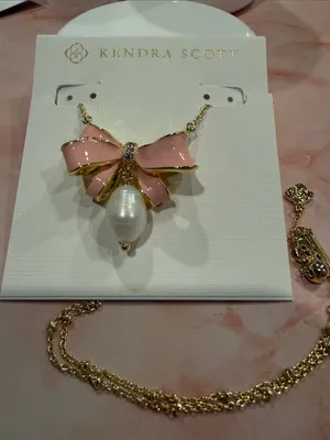 Kendra Scott | Gold Plated & Pink Enamel Bow Necklace with Pearl Drop thumbnail 3