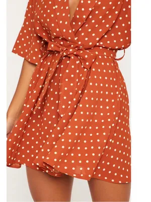 PrettyLittleThing Rust Polka Dot Wrap Mini Dress thumbnail 5