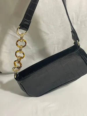 Black Faux Croc Embossed Shoulder Bag Tortoise Chain Accent Baguette Purse thumbnail 6