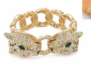 Nordstrom Gold lux Double Leopard Head Rhinestone Stretch Link Bracelet Green thumbnail 1