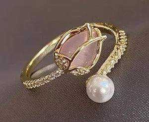 Opal Tulip Flower Pearl Stacking Bypass Ring Gold thumbnail 1