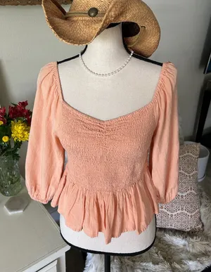 Japna peach smocked peasant, Boho cottage, balloon 3/4 sleeve top M thumbnail 1