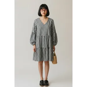Black White Gingham Babydoll Dress Tiered Cottagecore Large thumbnail 2
