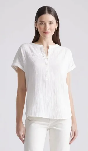 Quince White 100% Organic Cotton Gauze Roll Sleeve Top thumbnail 1