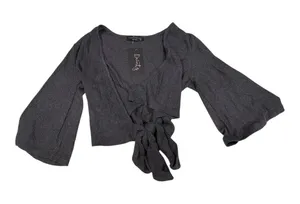 Final touch Ribbed Knit Bell Sleeve Tie Front Crop Top Charcoal Gray Small thumbnail 1