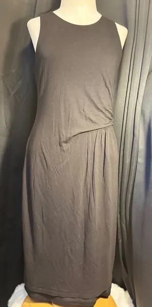 Loft Black Sleeveless Draped Side Sheath Dress Medium Keyhole Back Midi thumbnail 1