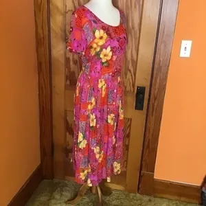 BILA Boho Patchwork Floral Midi Dress Pink Red Rayon Size Small thumbnail 7