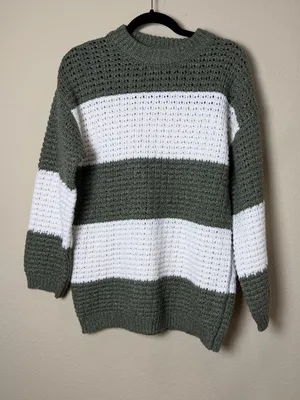 ASOS Design Chunky Knit Striped Sweater Green & White Size Small Oversized thumbnail 1