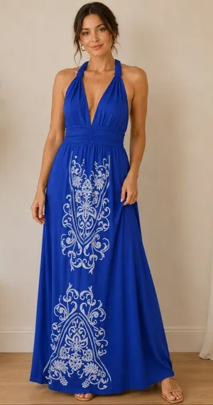 Blue Halter Maxi Dress with White Embroidery By EVogues thumbnail 1