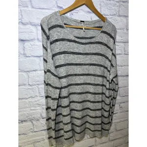 Free People Striped Knit Pullover Sweater Sz XS Gray Loose Boho Oversized thumbnail 8