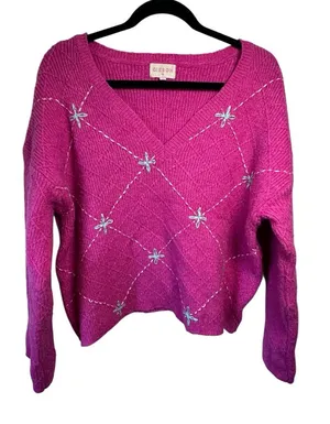 Ciebon Oversized Pink Embroidered‎ Sweater Dreamcore Cozy Preppy V Neck Size XS thumbnail 1