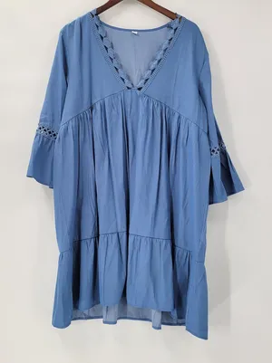 Boho Dress XL Blue Lace Crochet Trim Flowy Midi Casual Party Tiered Ruffle Rodeo thumbnail 1