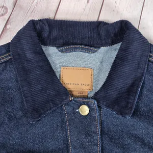 American Eagle‎ Womens Denim Jacket Dark Wash Corduroy Collar Cropped Size L thumbnail 7