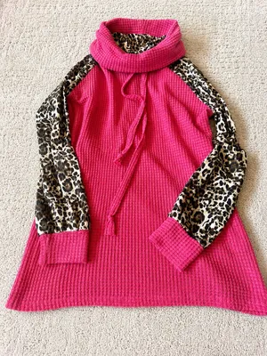 Pink Leopard Waffle Knit Hoodie – Size Medium thumbnail 1