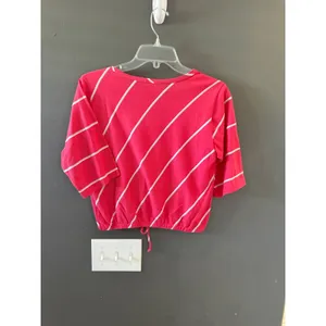 Ivory Pink White‎ Diagonal Stripe Crop Top Drawstring Hem Large Elbow Sleeve thumbnail 5