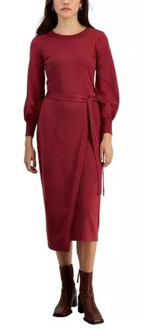 Taylor Faux-Wrap Belted‎ Midi Sweater Dress - Size S - Cognac - NWT thumbnail 1