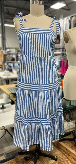 Blue and white striped midi dress with tie straps L thumbnail 1