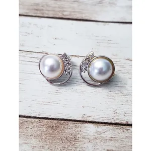 Vintage TJG Clip On Earrings - 5/8" Faux Pearl with Clear Gems Swirl thumbnail 2