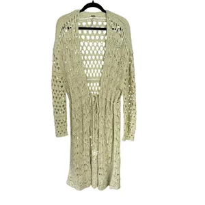 Free People Green Open Knit Long Beach Boho Resortwear Vacation Cardigan Large thumbnail 2