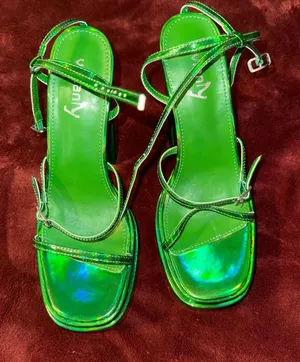 Iridescent Green Strappy Square-Toe Heels by Unnamed Brand thumbnail 1