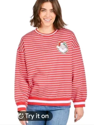 Simply Southern Santa Crew Varsity Sweatshirt Red Striped Santa Baby Size Medium thumbnail 1
