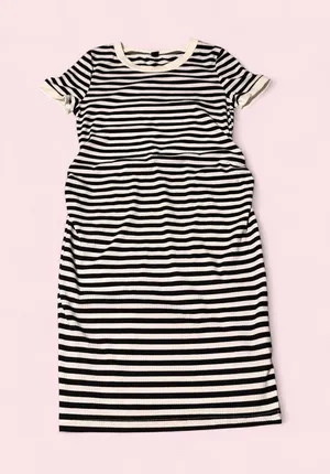 Striped Black and White Midi Dress with Short Sleeves thumbnail 1