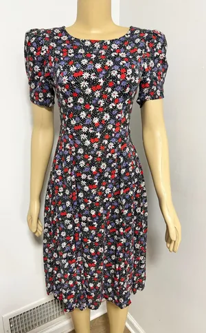 Vintage My Michelle Floral Polka Dot Lace Up Back Midi Dress 90s Black Red Sz 10 thumbnail 1