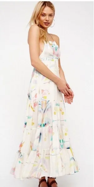 Free People Sounds Of Spring Maxi Dress Size 6 Ivory Watercolor Bib Overall thumbnail 1
