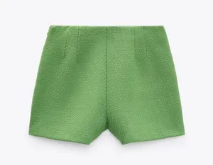 Zara Tweed Weave Structured High Waist Shorts Green Size S New thumbnail 11