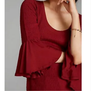 Anthropologie Smocked Bell-Sleeve Top Shirt Blouse Wine Red Burgundy Medium thumbnail 2