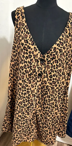 Shein Curve Leopard Print Corduroy‎ Pinafore Jumper Dress Brown Black 0XL Plus thumbnail 1