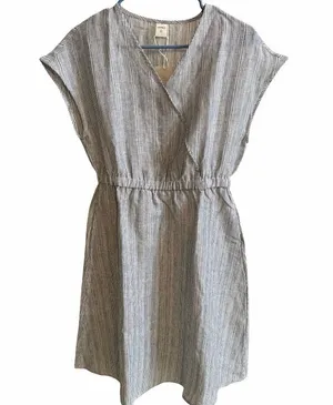 NWT LINTICO S Aria 100% Linen Striped V-Neck Elastic Waist Midi Dress Vacation thumbnail 1