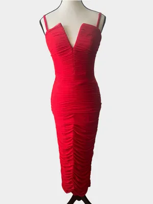 Dress the Population Ferra Rouge Red Ruched Midi Dress XS Strapless thumbnail 3