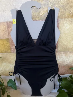 Michael Kors One Piece Plunge V-Neck Ruched Adjustable Side-Tie Swimsuit, Size 6 thumbnail 2