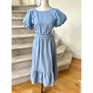 NWT ASTR Baby Blue Puff Sleeve Milkmaid Cottage Midi Backless Dress thumbnail 2