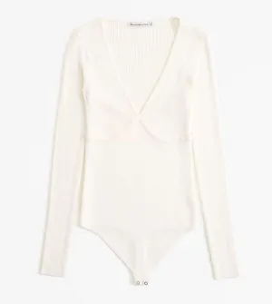 Abercrombie & Fitch V-Neck Ribbed Sweater Bodysuit in Cream Women’s Size XS thumbnail 2
