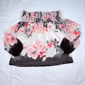 White House Black Market Floral Smocked Off Shoulder Blouse Pink Black Large thumbnail 2