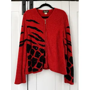 Elizabeth New York Cardigan XL Red Black Animal Print Chenille Studded thumbnail 2