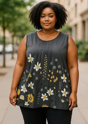 Lily‎ by Firmiana Gray Floral Print Pleated Tank - 4XL - NEW Women's thumbnail 1