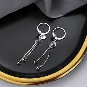 925 Silver Plated Round Disc Tassel Dangle Drop Hoop Earrings for Women thumbnail 2
