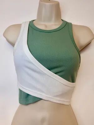 Fresral Ribbed Colorblock Wrap Crop Tank Top Sage Green White Size Small S thumbnail 2