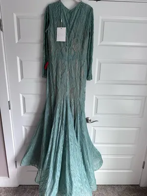 Mac Duggal 79291 Beaded Illusion Long Sleeve Plunge Neck Gown NWT 10‎ Sage thumbnail 9