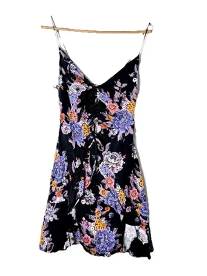 Free People Happy Heart Floral Mini Dress Small Black Purple Ruched Tie Front Sm thumbnail 2