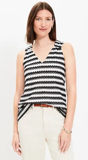 LOFT‎ Black and White Striped Crochet V-Neck Top Size Small thumbnail 1