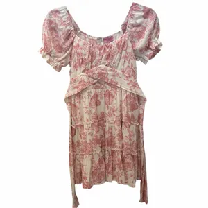 Francesca’s Mi Ami Toile Floral Puff Sleeve Tiered Mini Dress Pink + White XS thumbnail 6