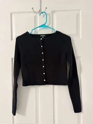 wild fable Black Ribbed Pearl-Button Cropped Cardigan thumbnail 2