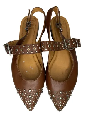 Frye HEATHER SLINGBACK STUDDED Flat Pointed Silver & Walnut Leather thumbnail 1