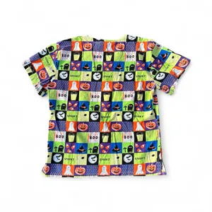 Comfy Cotton Halloween Theme Green Orange Purple Spooky Animated Nurse Scrub Top thumbnail 2