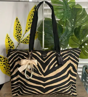 Coach y2k Devin Black Tan Zebra Print Nylon Overnight Tote Pouch thumbnail 1